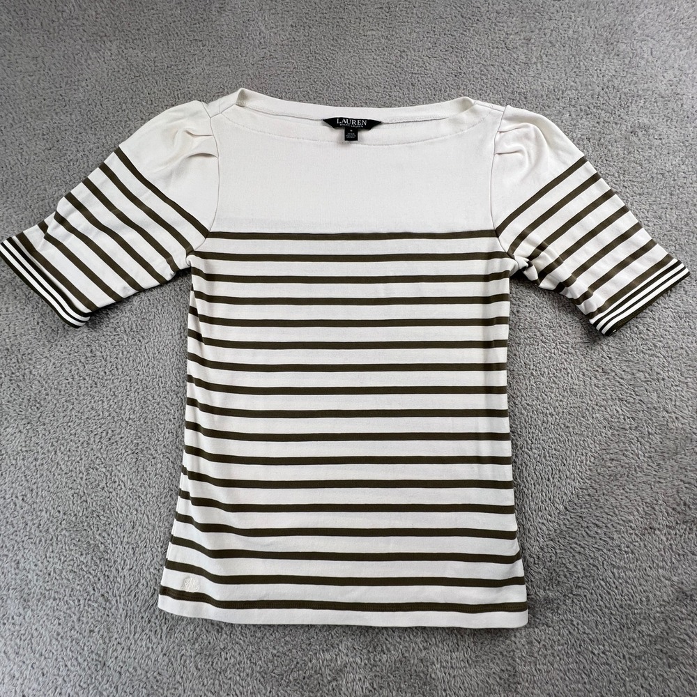 Lauren Ralph Lauren Womens Small Striped Top Cream Brown Preppy Coastal Chic